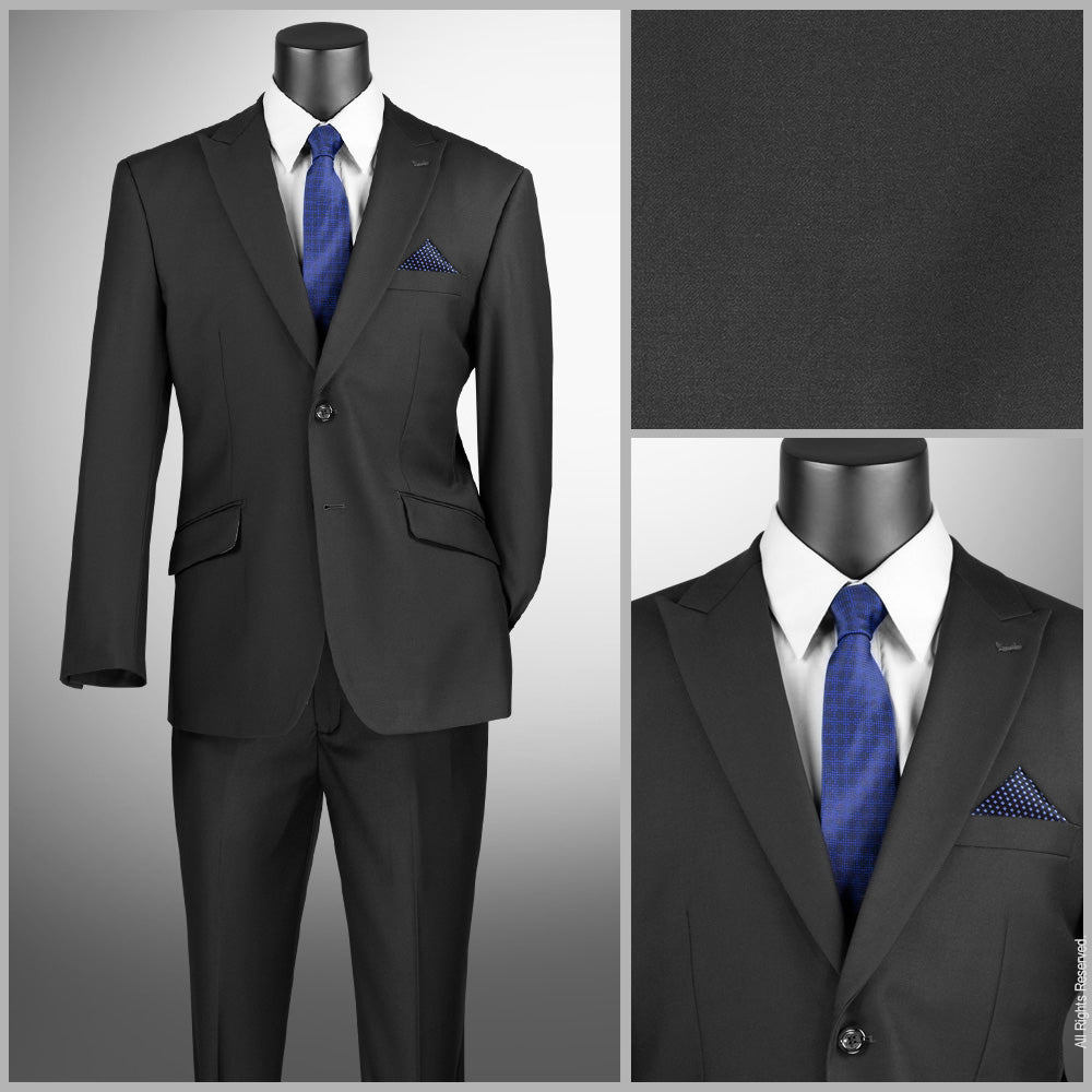 Men's Black Modern Fit Textured Solid Suit with Peak Lapel MT2R