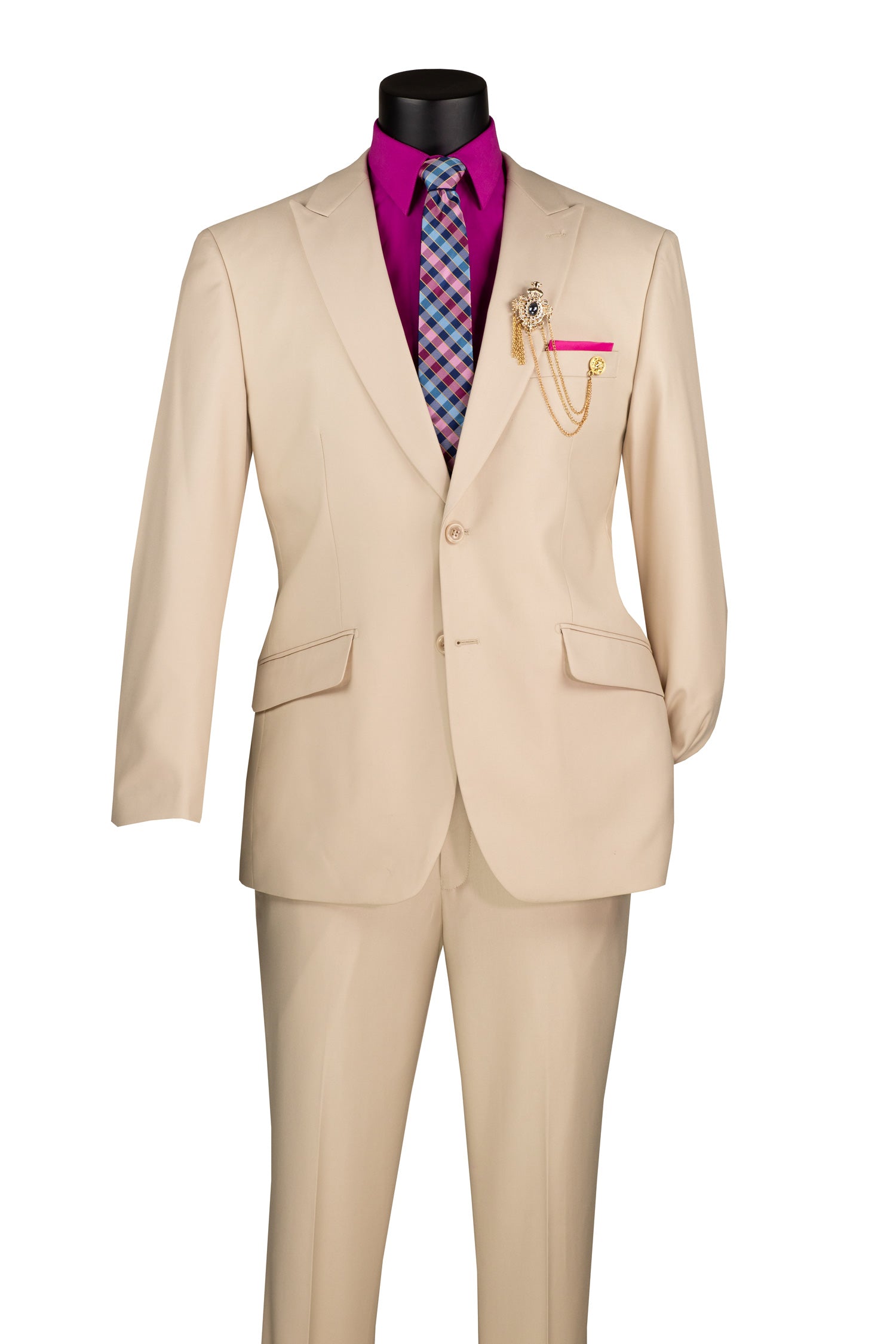 Men's Sand Modern Fit Textured Solid Suit with Peak Lapel MT2R