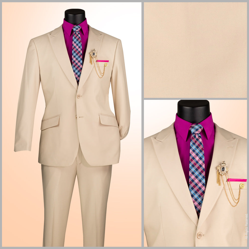 Men's Sand Modern Fit Textured Solid Suit with Peak Lapel MT2R