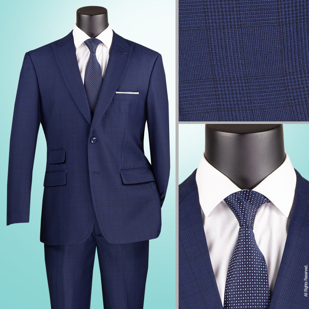 Men's Blue Modern Fit Windowpane Suit with Peak Lapel MRW-1