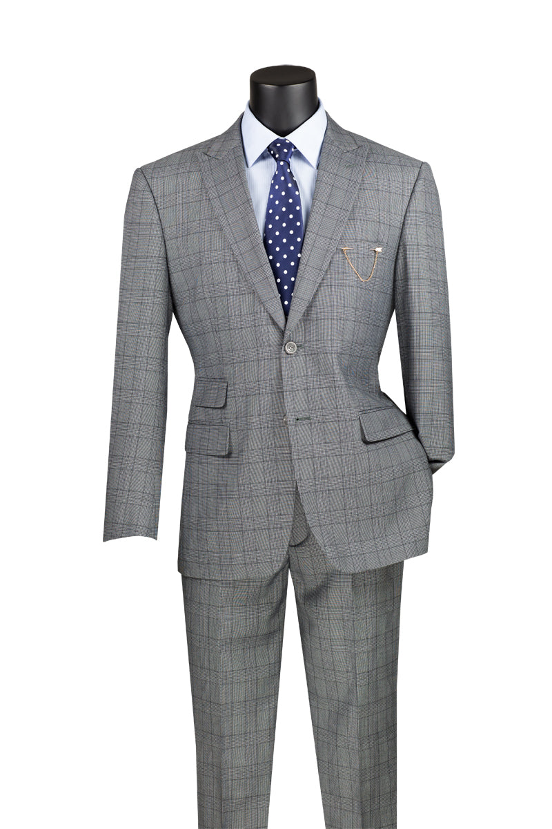 Men's Gray Modern Fit Windowpane Suit with Peak Lapel MRW-1