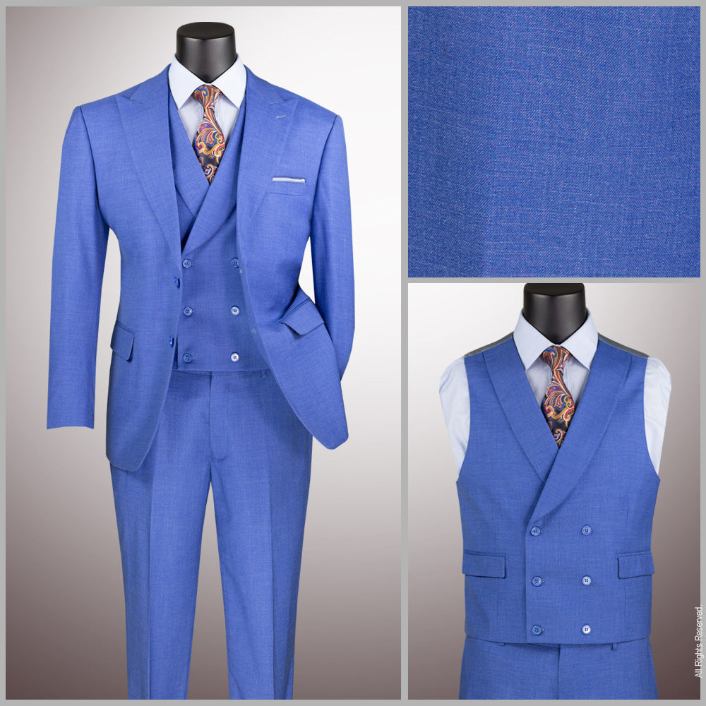 Men’s Modern Fit Summer 3-Piece Suit with Double-Breasted Vest – French Blue MV2K-2