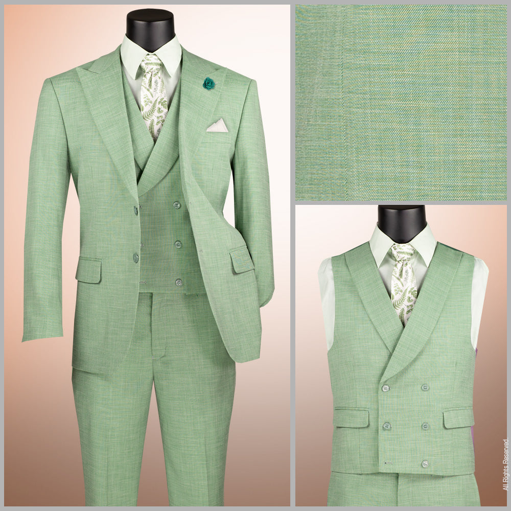 Men’s Modern Fit Summer 3-Piece Suit with Double-Breasted Vest – Light Green MV2K-2