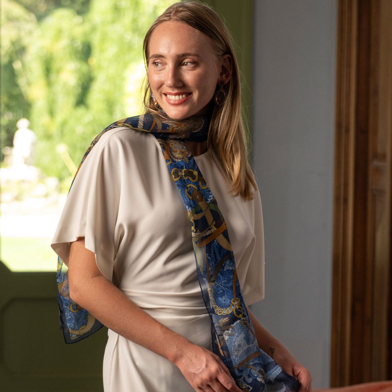 Alessandra - Long Silk Scarf - Navy
