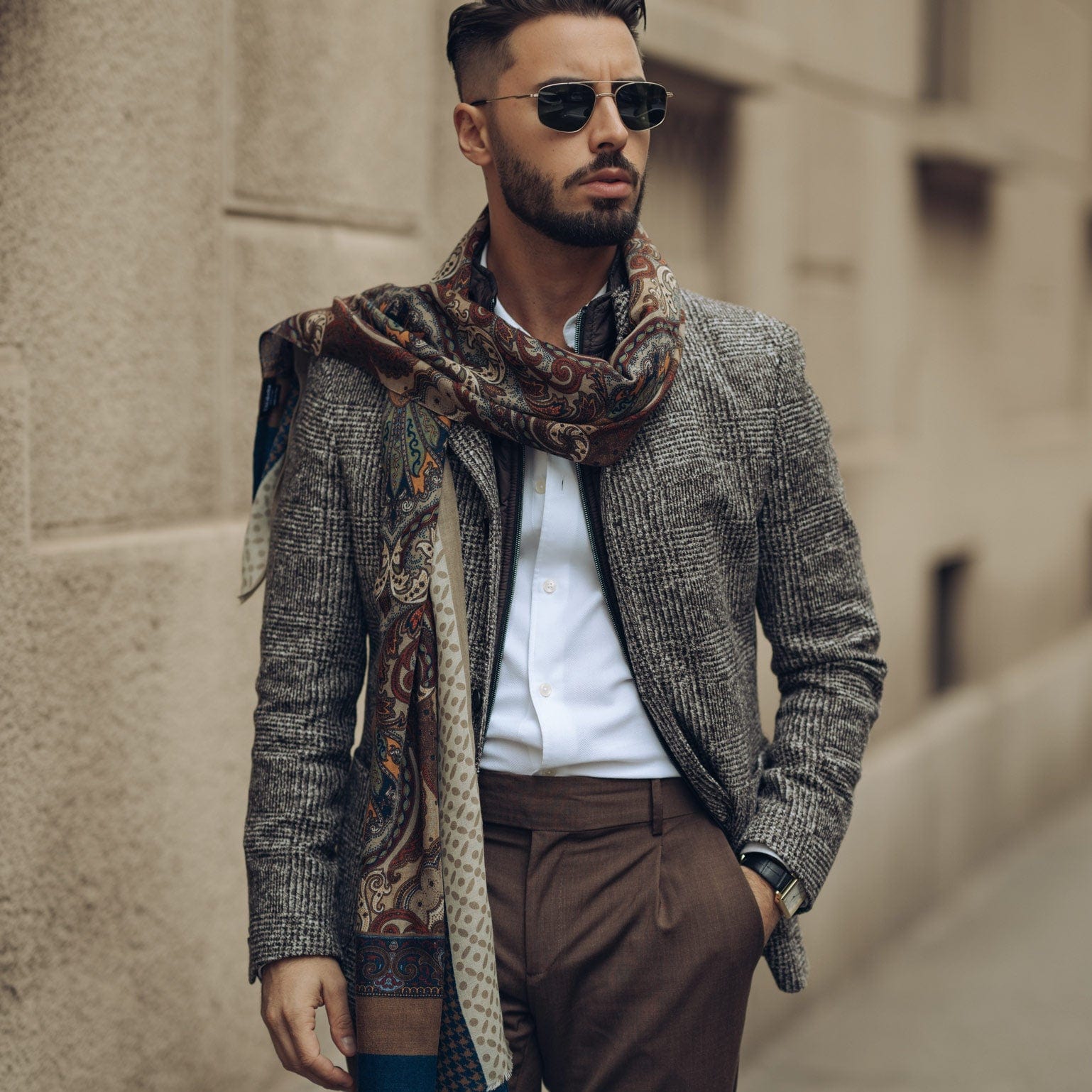 Aosta - Wool Scarf - Brown and Blue