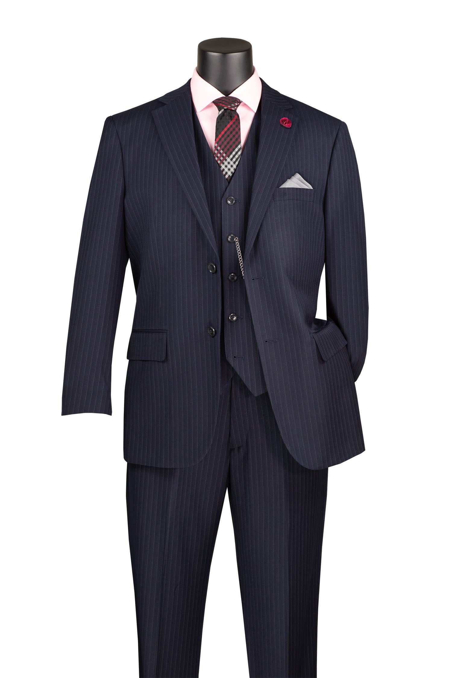 Men’s Shadow Stripe 3 Piece Suit – Navy Blue Regular Fit Vest V2RS-7