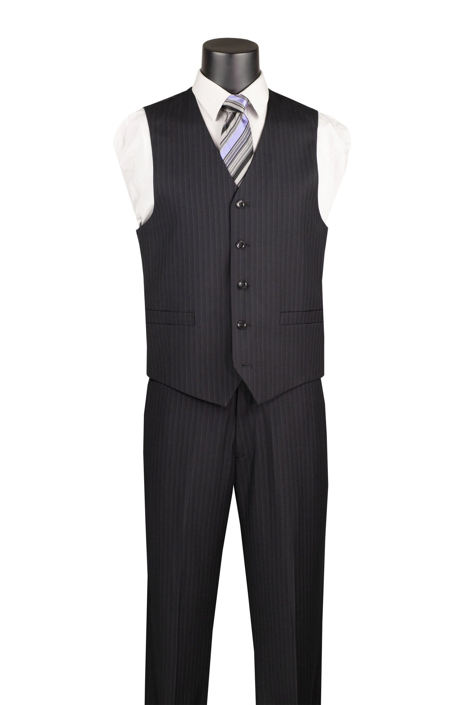 Men’s Shadow Stripe 3 Piece Suit – Black Regular Fit Vest V2RS-7