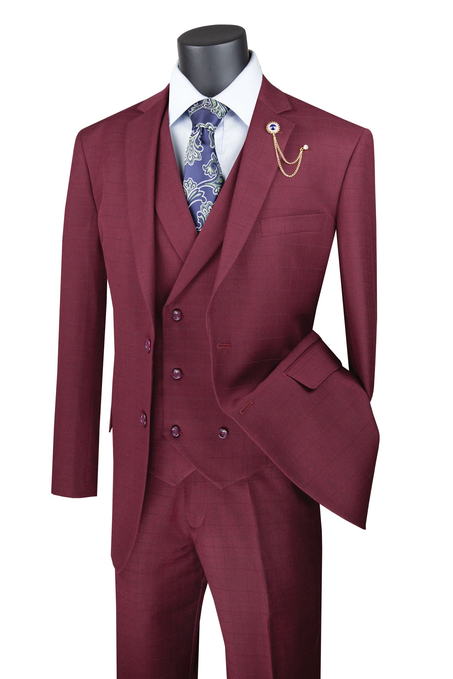 Mens Burgundy Windowpane Regular Fit 3 Piece Suit with Double Breasted Vest - V2RW 13