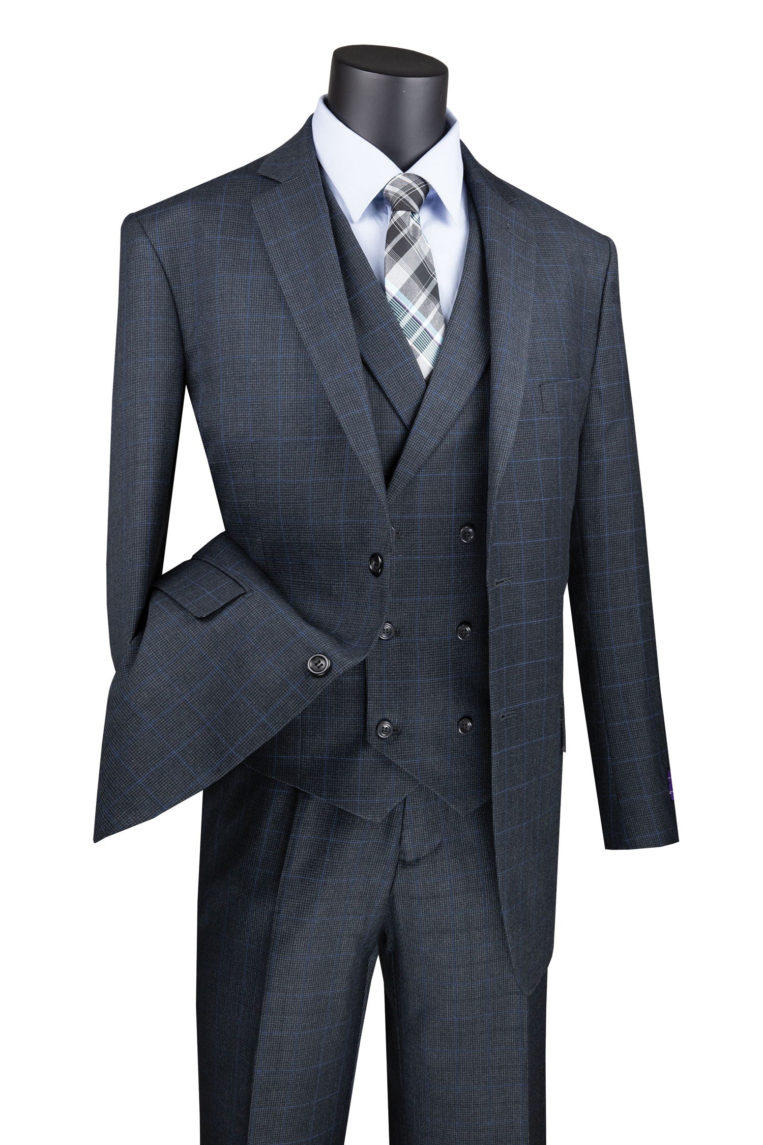 Mens Charcoal Windowpane Regular Fit 3 Piece Suit with Double Breasted Vest - V2RW 13