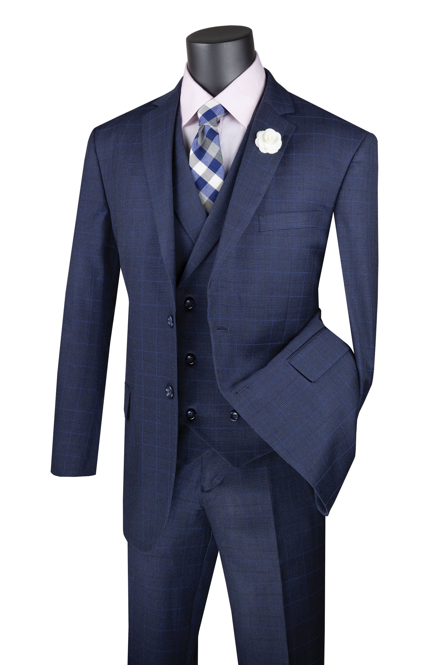 Mens Navy Windowpane Regular Fit 3 Piece Suit with Double Breasted Vest - V2RW 13