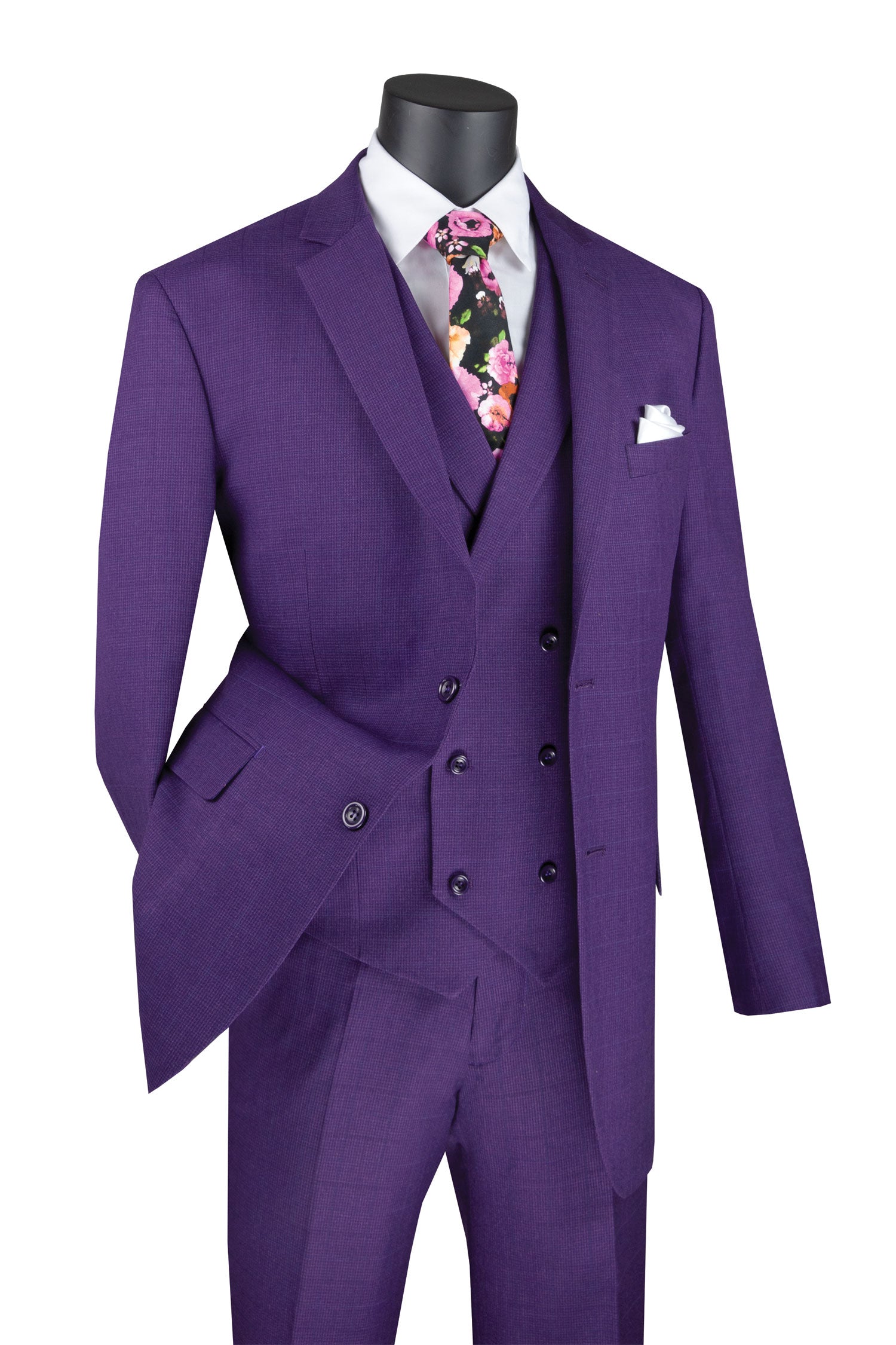 Mens Purple Windowpane Regular Fit 3 Piece Suit with Double Breasted Vest - V2RW 13