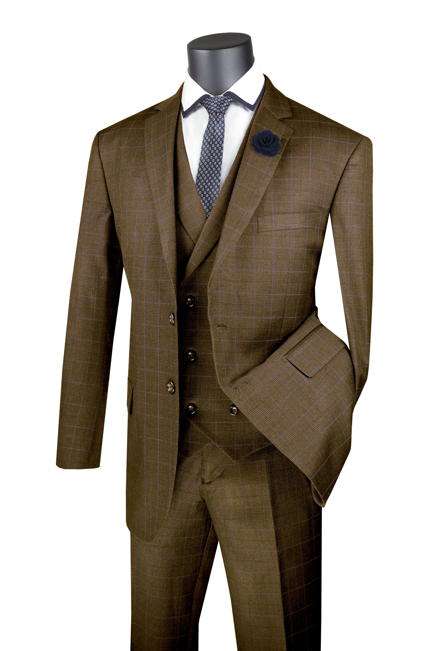 Mens Taupe Windowpane Regular Fit 3 Piece Suit with Double Breasted Vest - V2RW 13