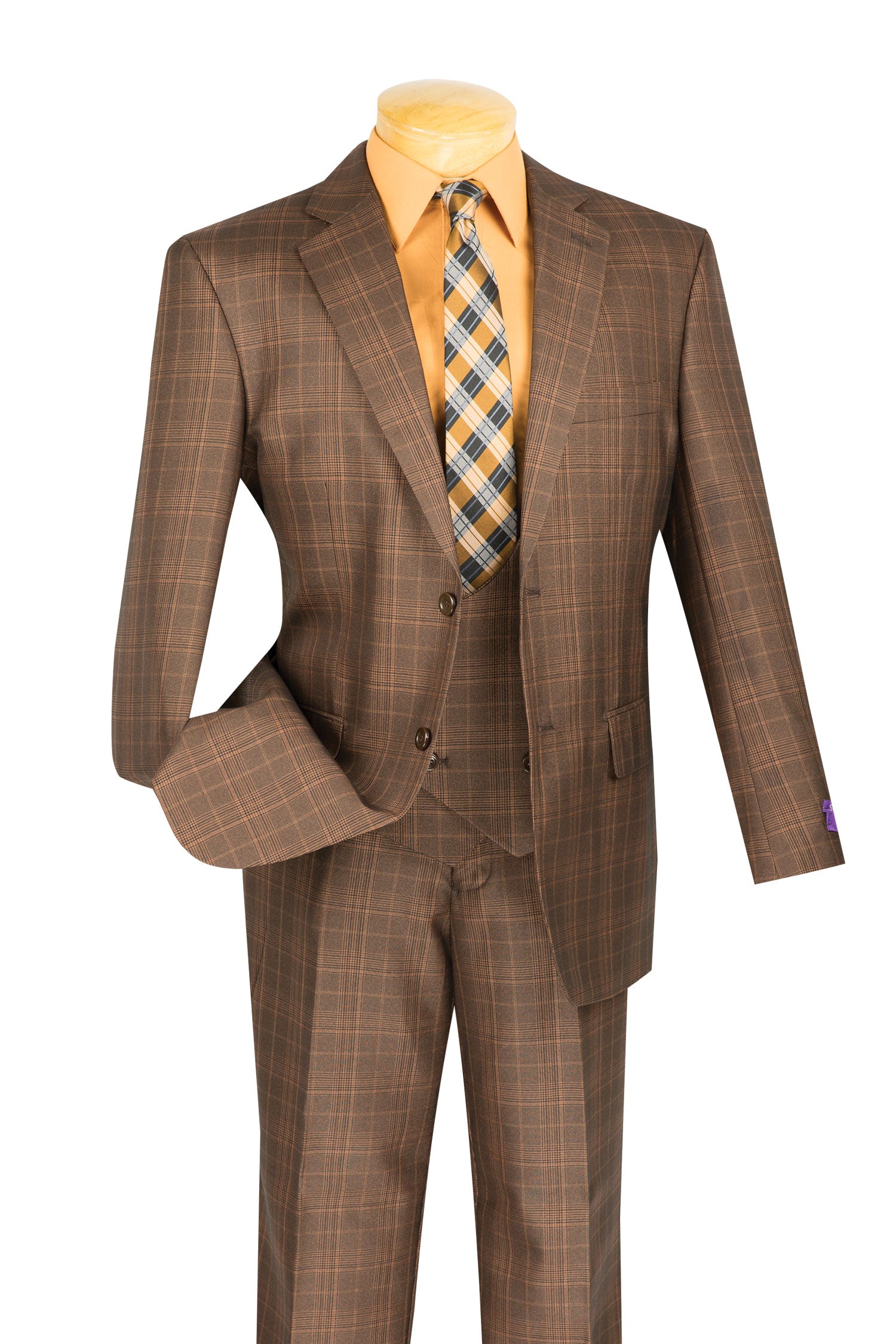 Men’s Glen Plaid 3 Piece Suit – Chestnut Regular Fit Double Breasted Vest V2RW7