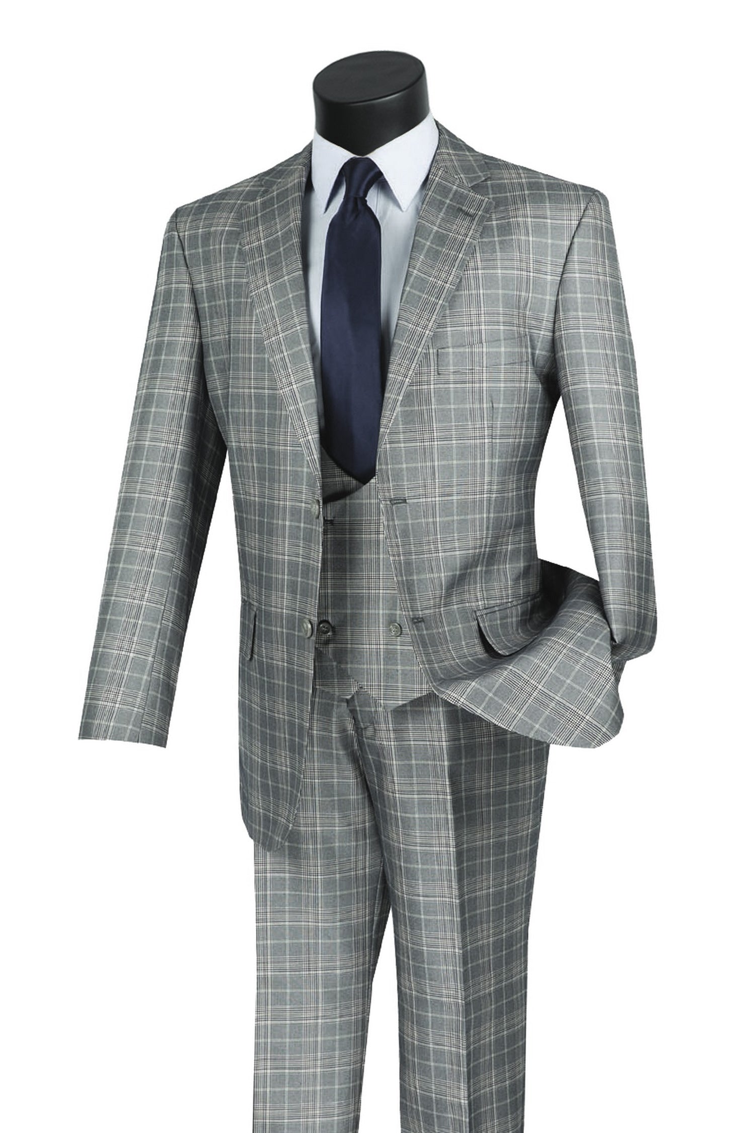 Men’s Glen Plaid 3 Piece Suit – Gray Regular Fit Double Breasted Vest V2RW7