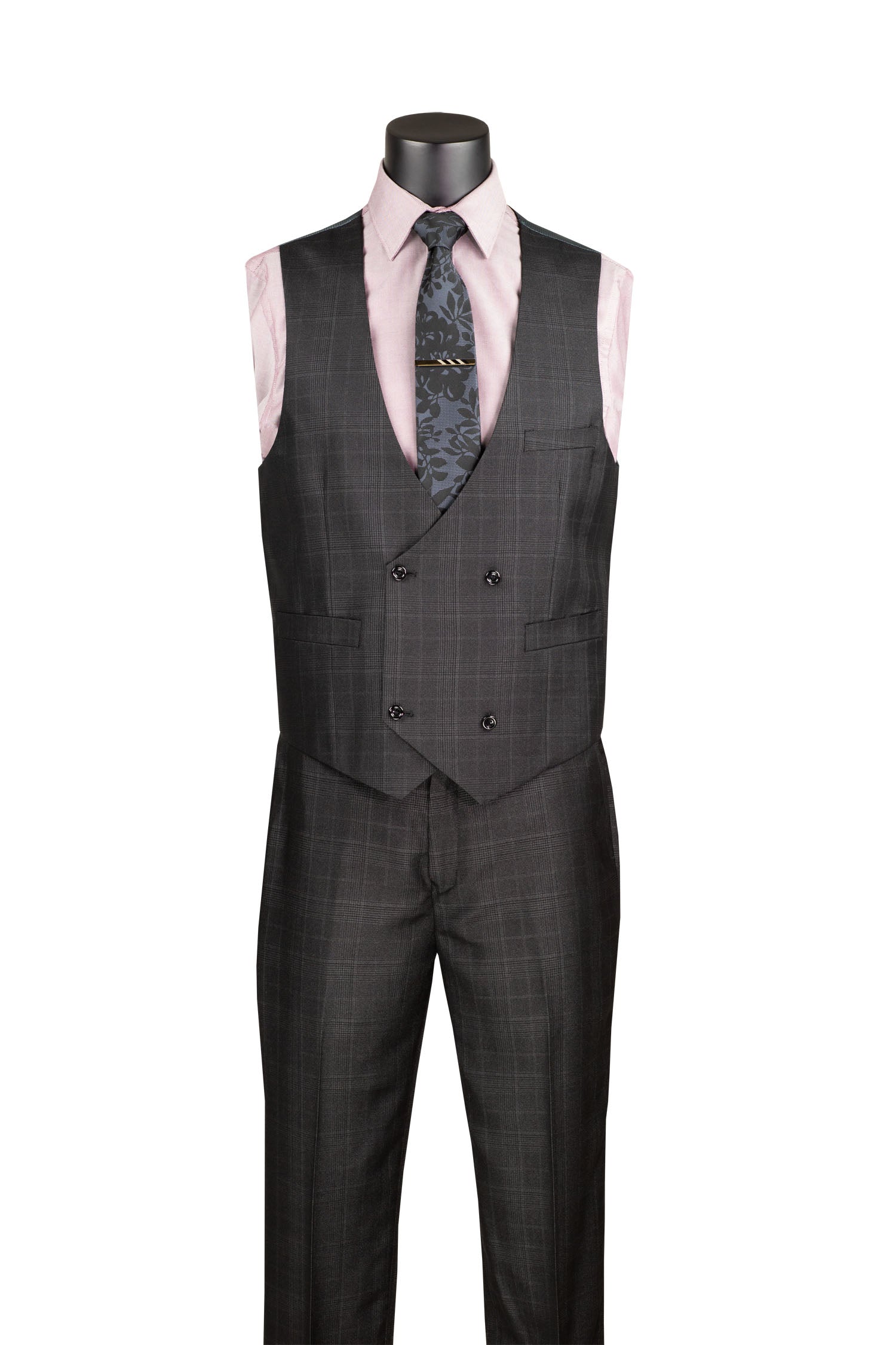 Men’s Glen Plaid 3 Piece Suit – Black Regular Fit Double Breasted Vest V2RW7