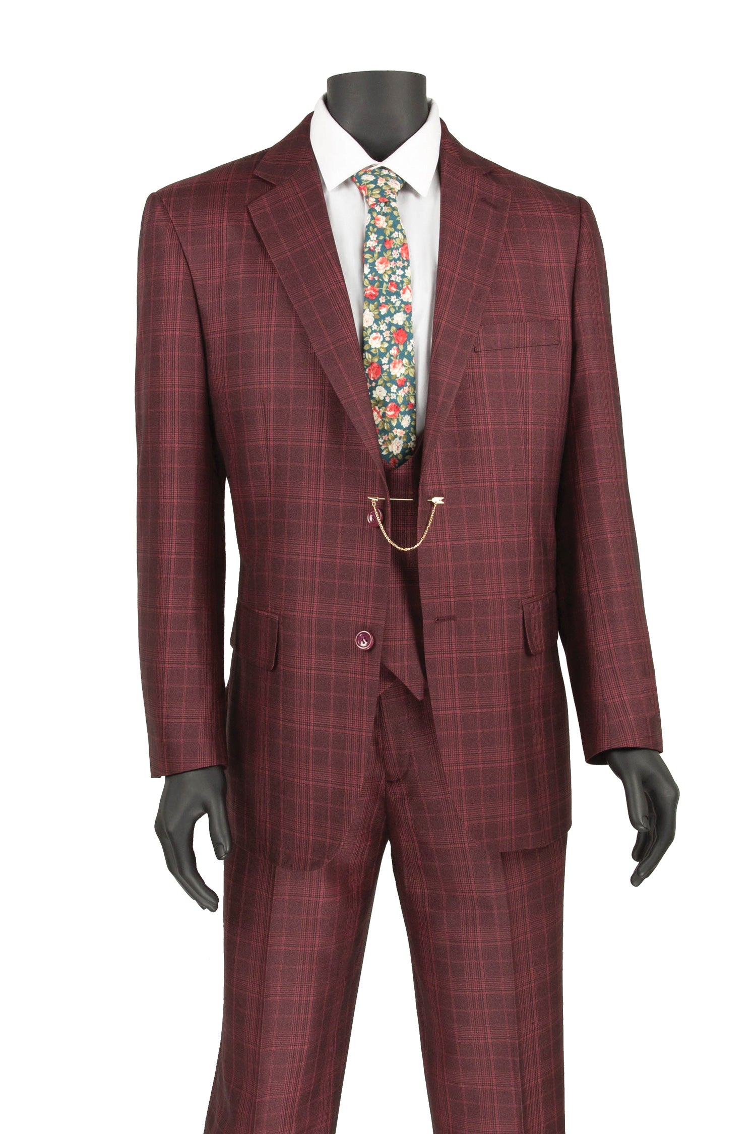Men’s Glen Plaid 3 Piece Suit – Burgundy Regular Fit Double Breasted Vest V2RW7