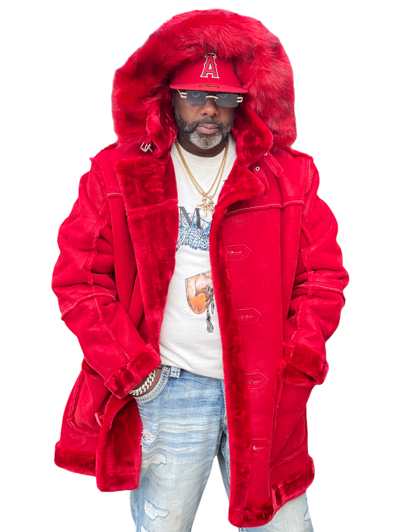 Red coat with red 2025 fur hood