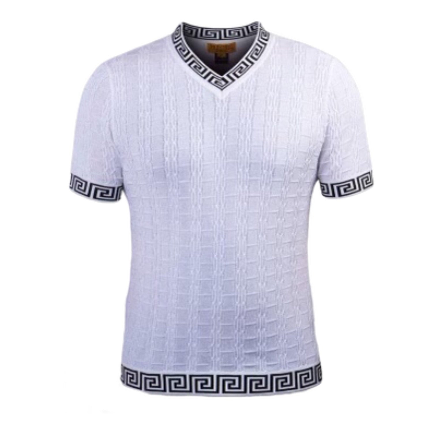 Prestige Luxury "Greek Key" V-Neck Knit (White/Black) 032