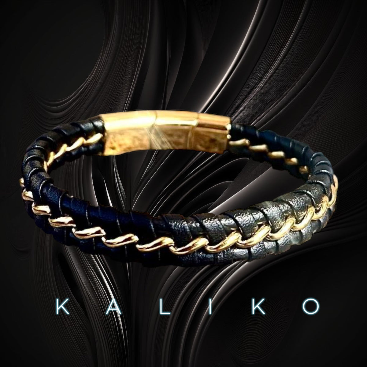 BLACK STAINLESS STEEL LEATHER BRACELET SILVER AND GOLD