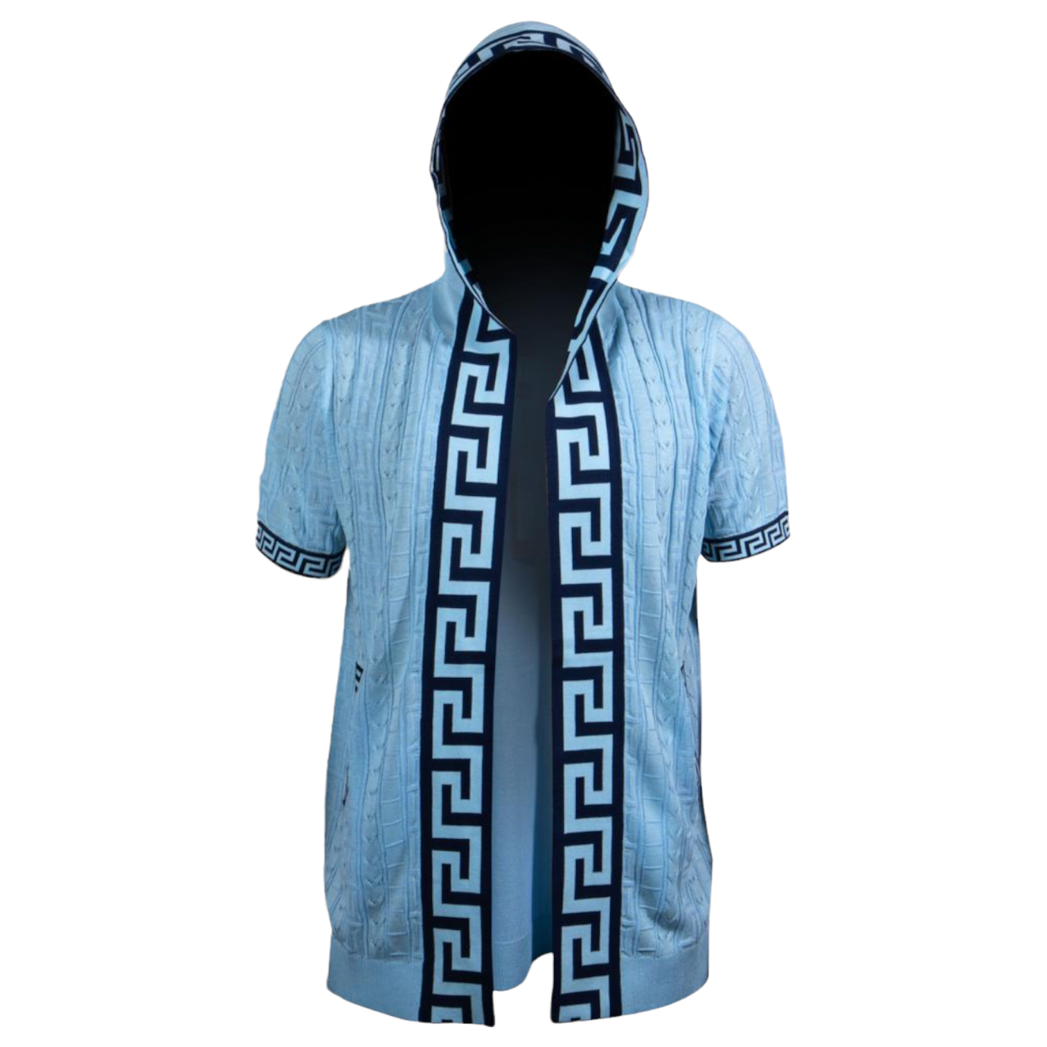 Prestige Greek Key 3/4 Length Knit Hoodie (Sky) 121
