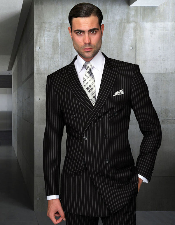 Statement Pinstripe Double Breasted Suit (Black)