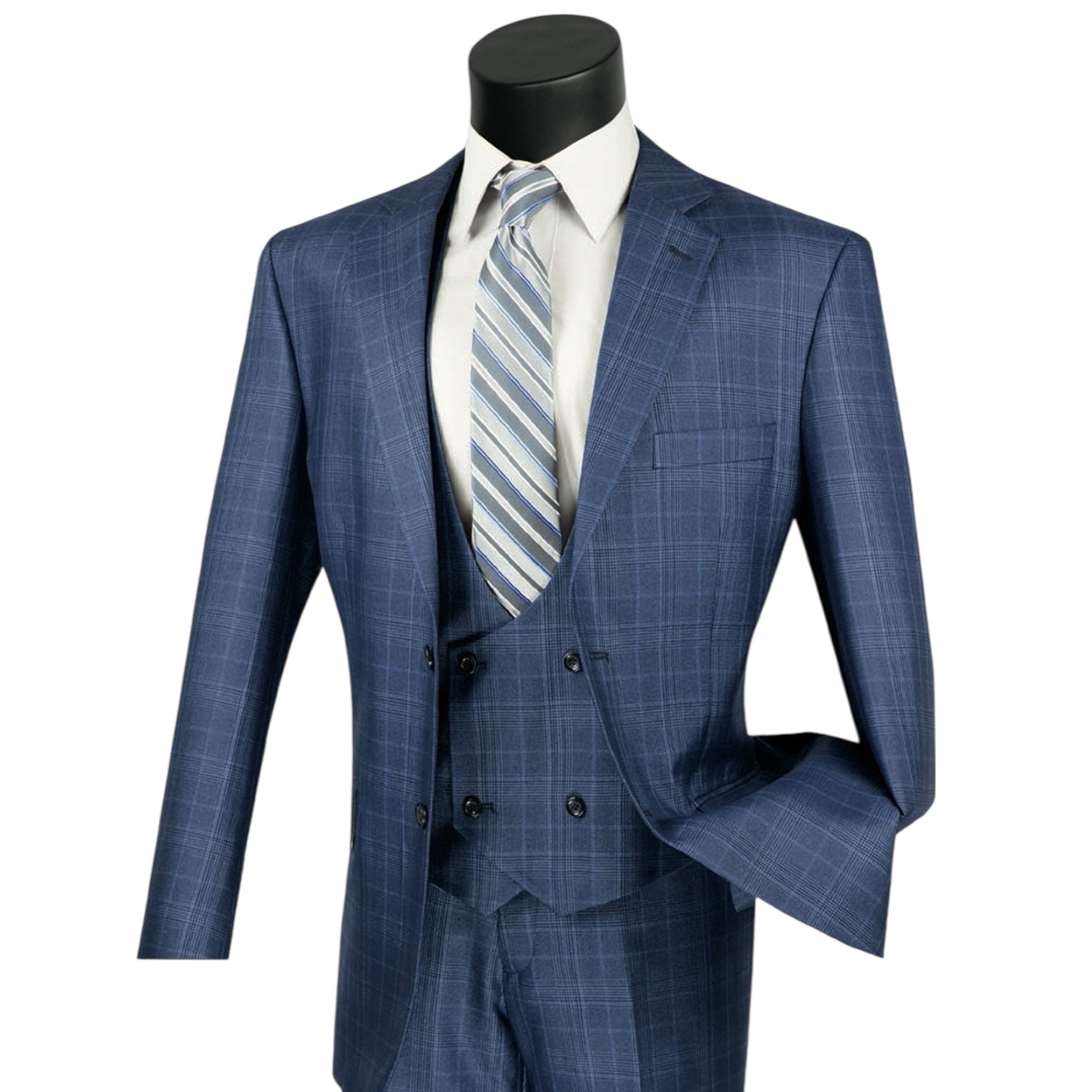 Men’s Glen Plaid 3 Piece Suit – Oxford Blue Regular Fit Double Breasted Vest V2RW7