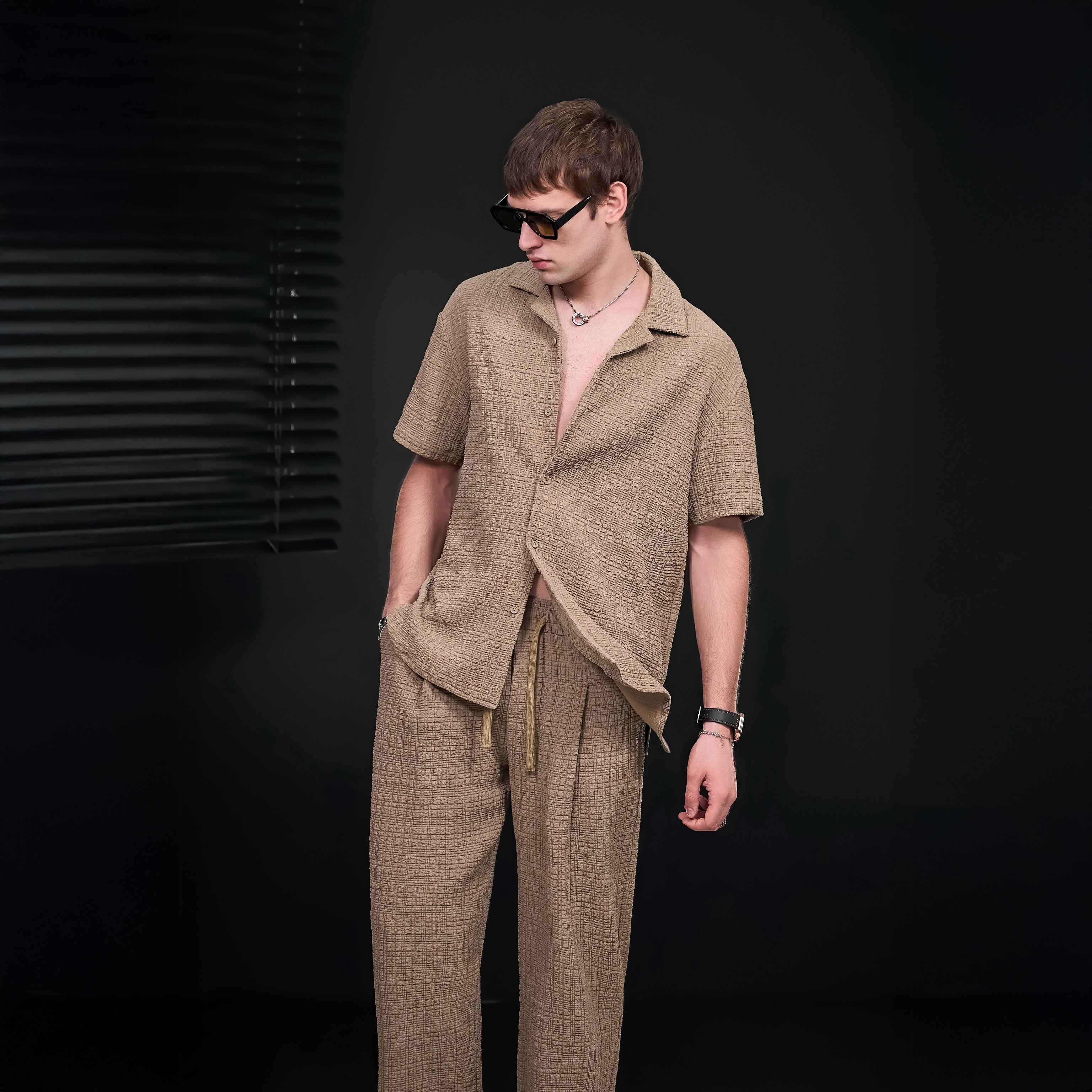 Loft Set – Textured Short Sleeve Shirt & Pant BROWN