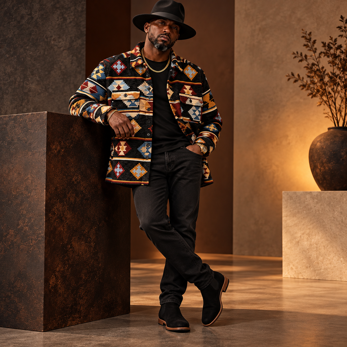 Lanzino Men’s Luxury Shirt Jacket – Black Multi