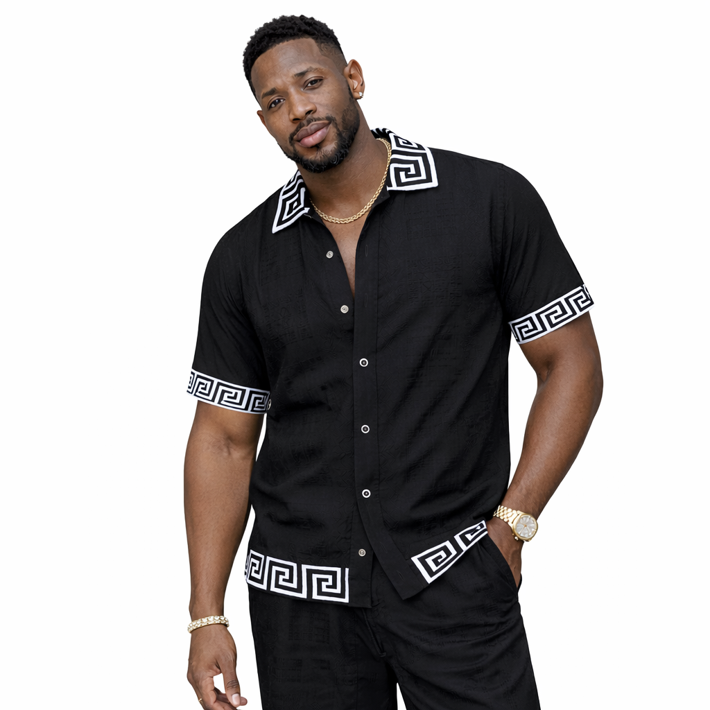 Prestige Men’s Greek Key Knit Short Set – Black/White 6125