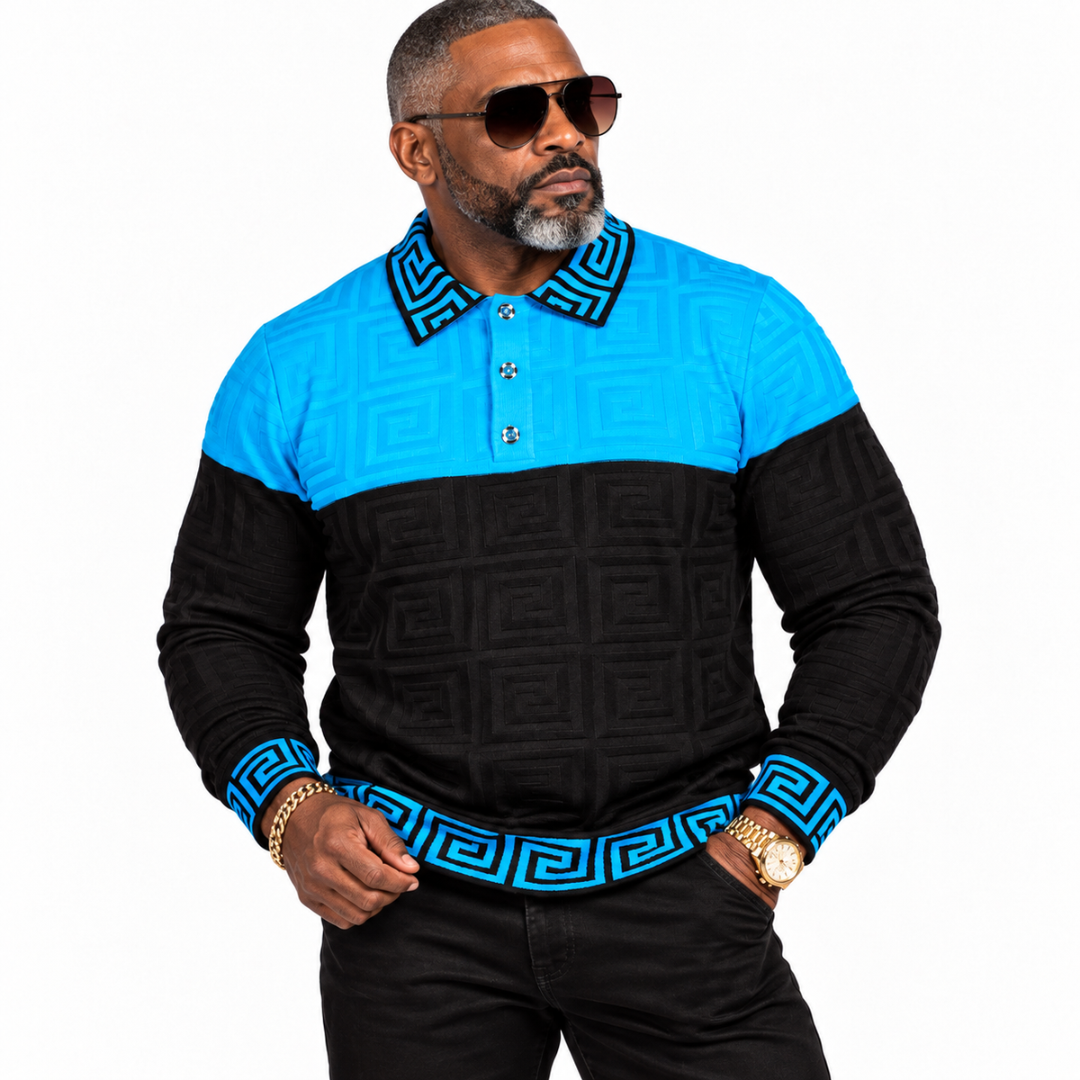 Prestige Greek "halfi" Polo Sweater (Turquoise/Black) 464