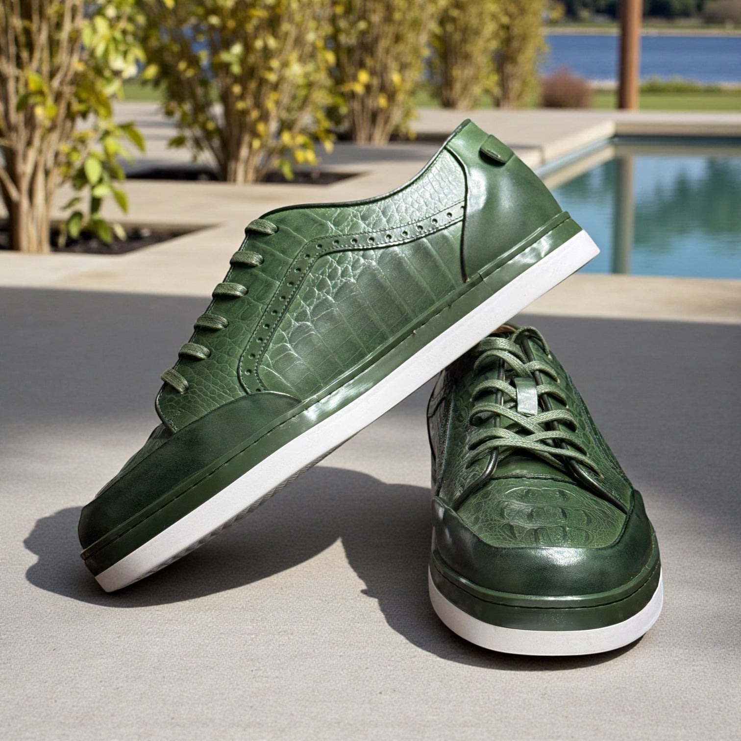 Giovanni Timo Men’s Croco Print Leather Sneaker - Green