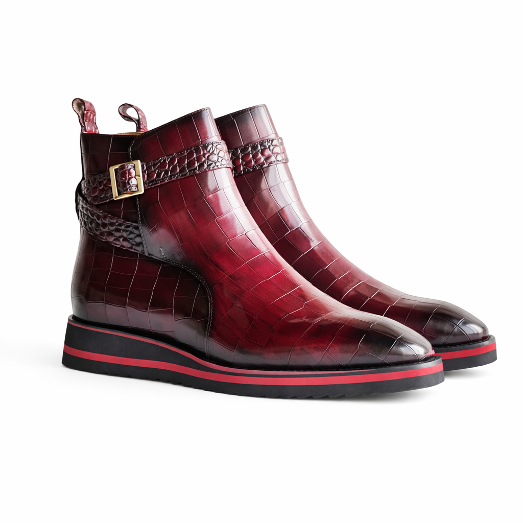 Carrucci Vesper Croco Embossed Cross Strap Buckle Boot – Burgundy