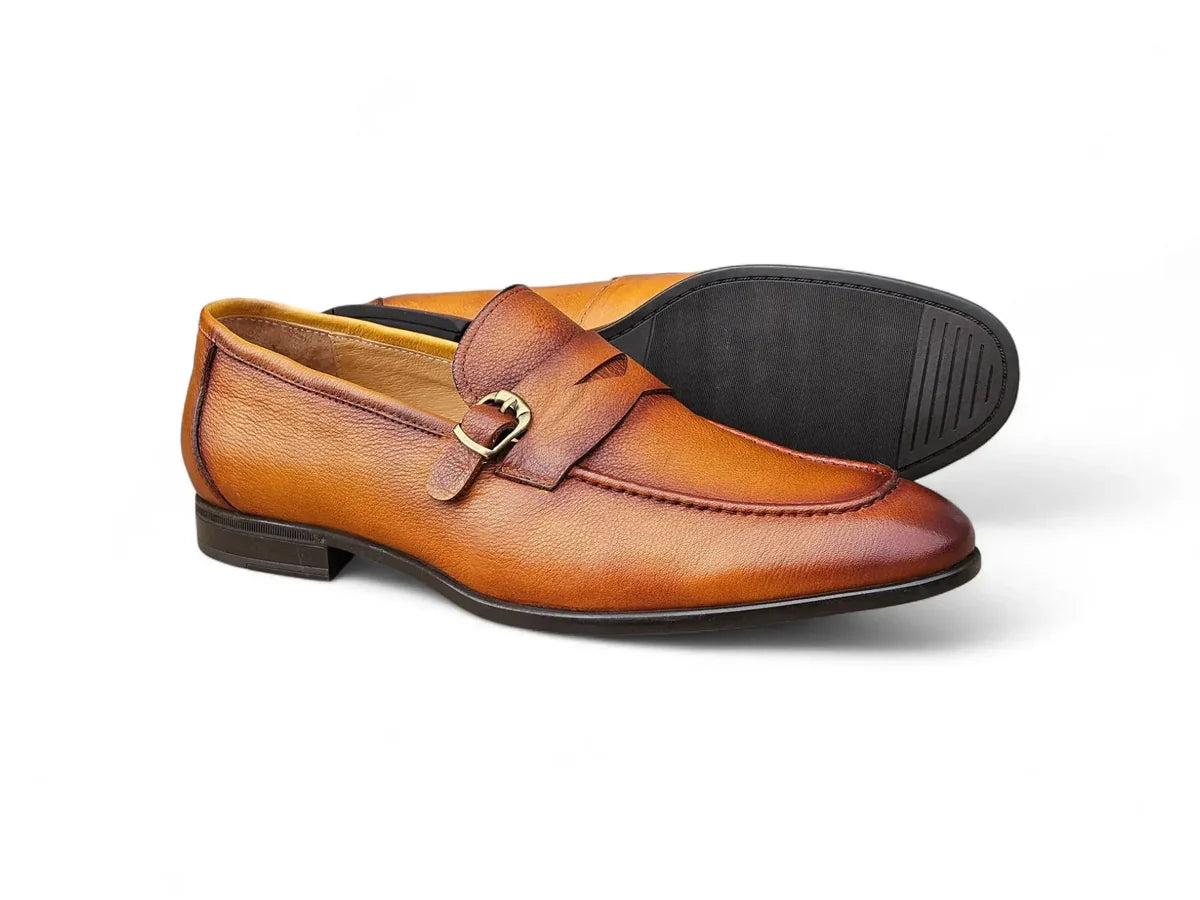 Carrucci Grant Buckle Loafer Premium Pebbled Leather Dress Shoe – Cognac