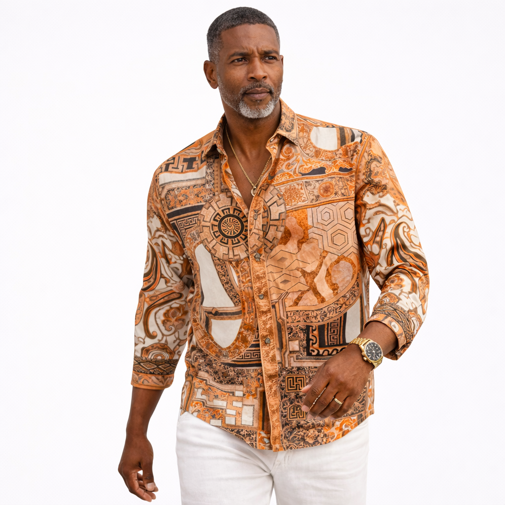 Prestige Men’s Multicolor Luxury Cotton Long Sleeve Button-Up Shirt – Gold 402