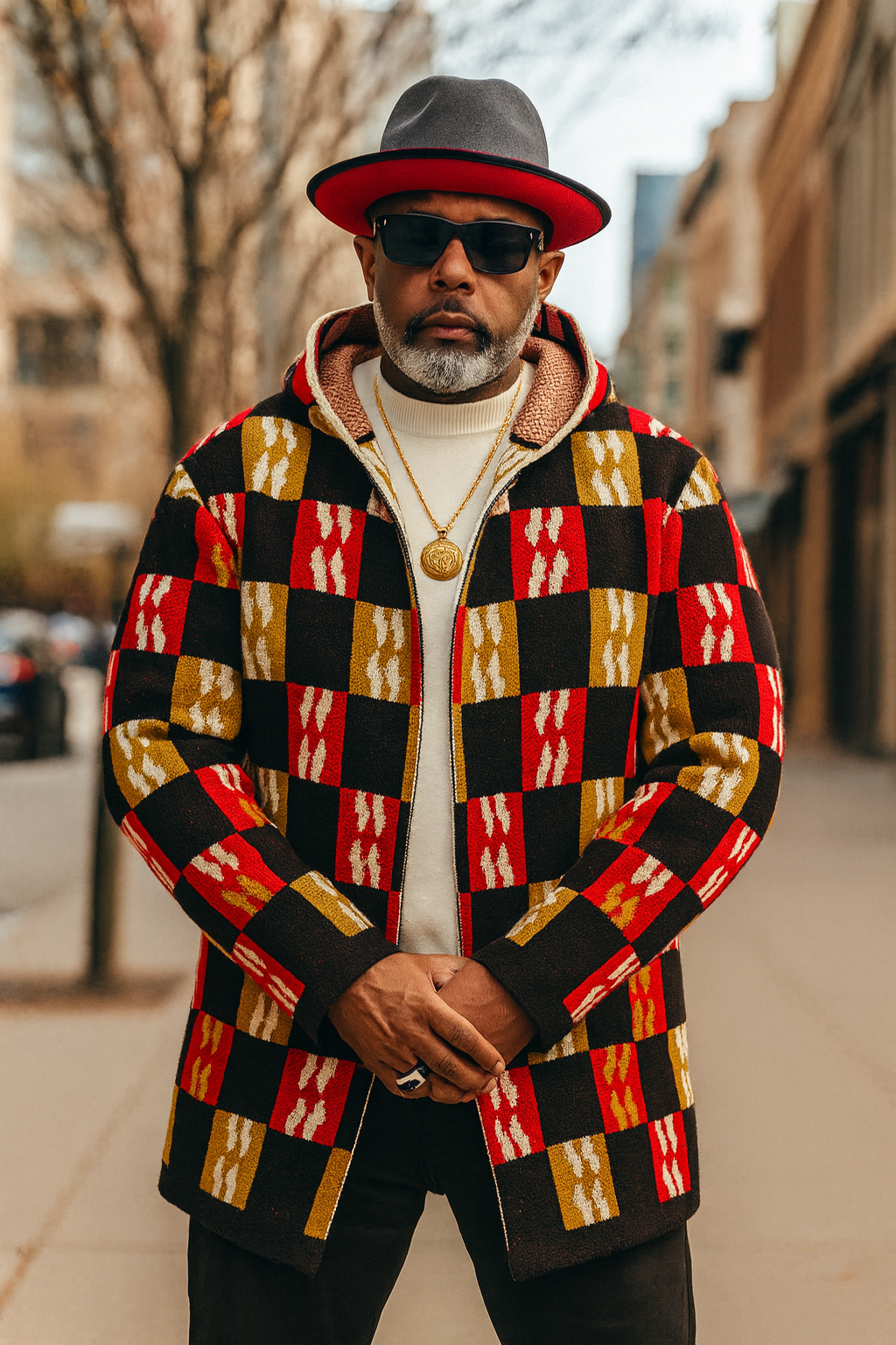 OIM "Rensen" Cardigan 3/4 Length Sweater Jacket (Black/Tan/Red)