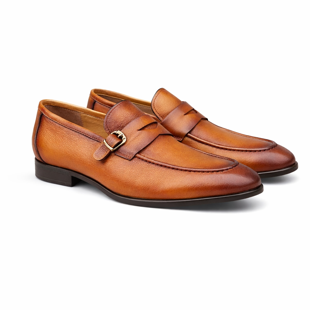 Carrucci Grant Buckle Loafer Premium Pebbled Leather Dress Shoe – Cognac