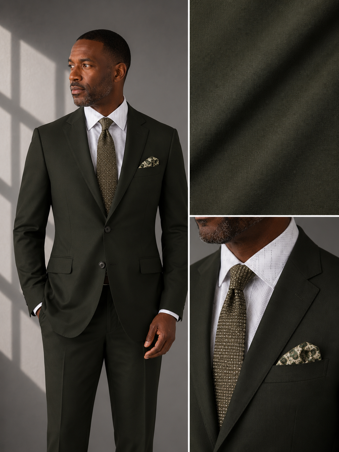 Men's Olive Modern Fit Textured Solid Suit with Peak Lapel MT2R