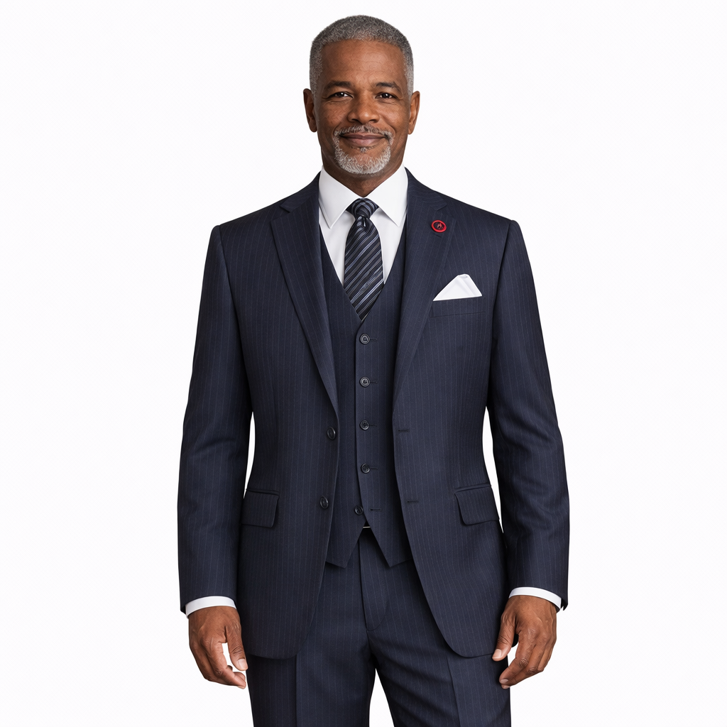 Men’s Shadow Stripe 3 Piece Suit – Navy Blue Regular Fit Vest V2RS-7