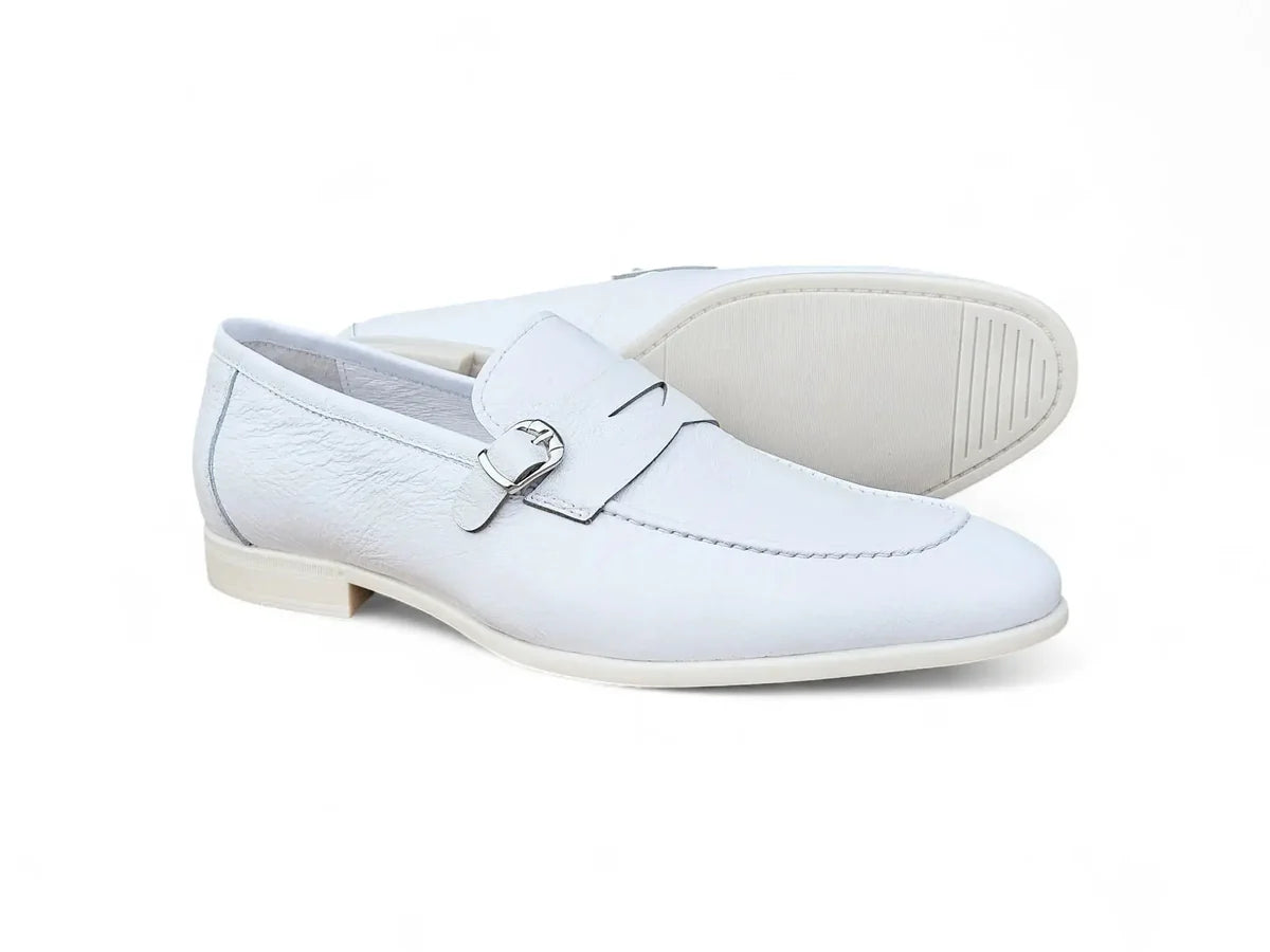 Carrucci Grant Buckle Loafer Premium Pebbled Leather Dress Shoe – White