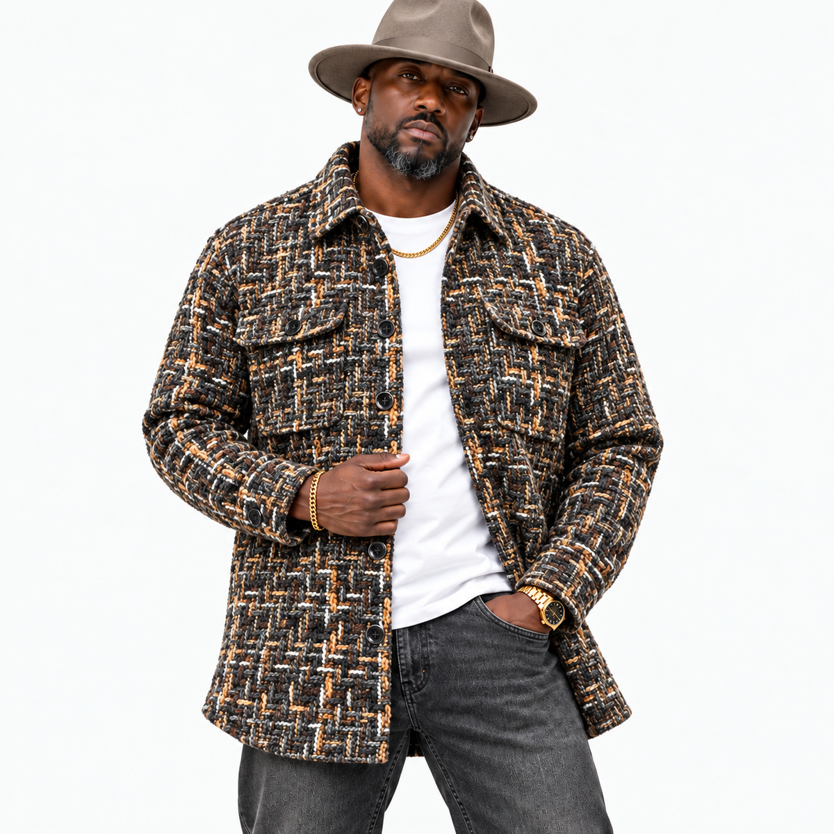 Lanzino Men’s Luxury Shirt Jacket – Charcoal Rust Black Brown