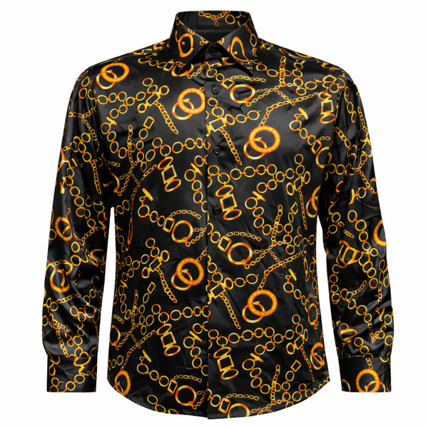 black and gold mens dress shirt Inserch Gold Chain Print Satin Shirt – Black LS278 L