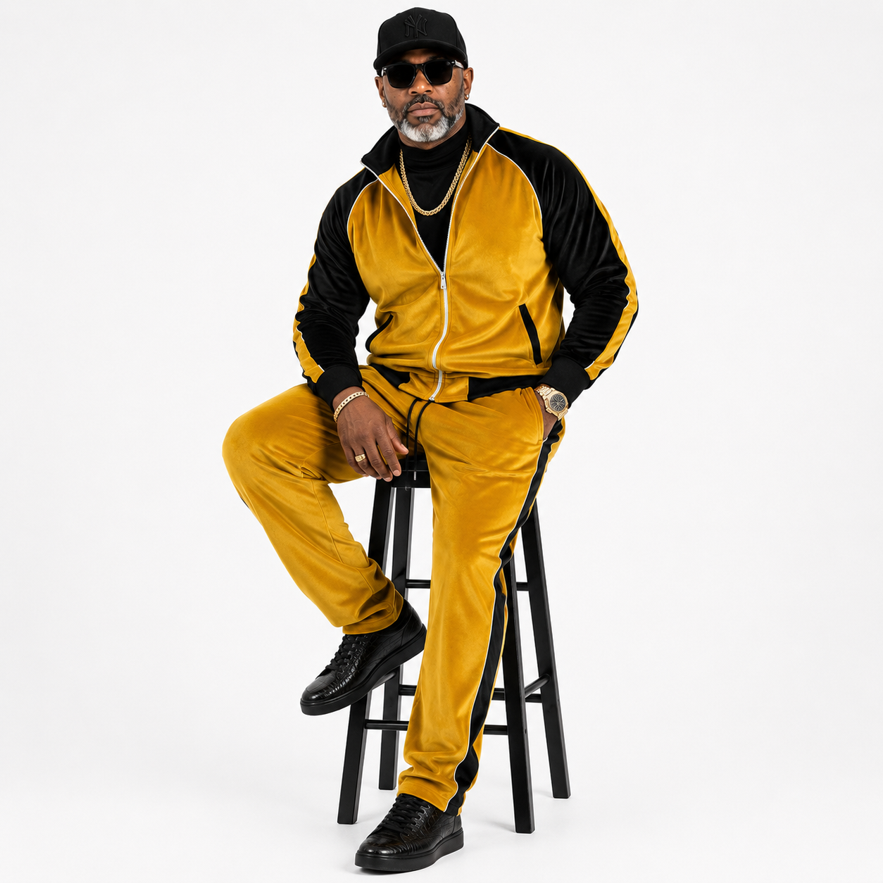 Inserch Men's Velour Track Jacket & Pant Set: Gold/Black