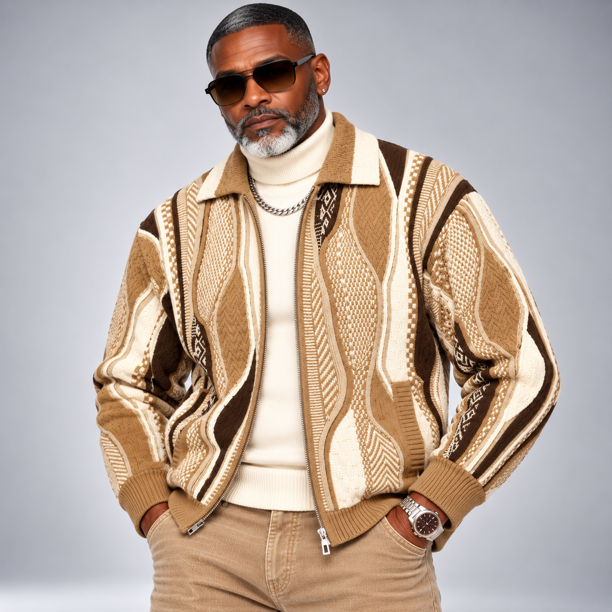 Silversilk Wool-Blend Full-Zip Sweater: Tan
