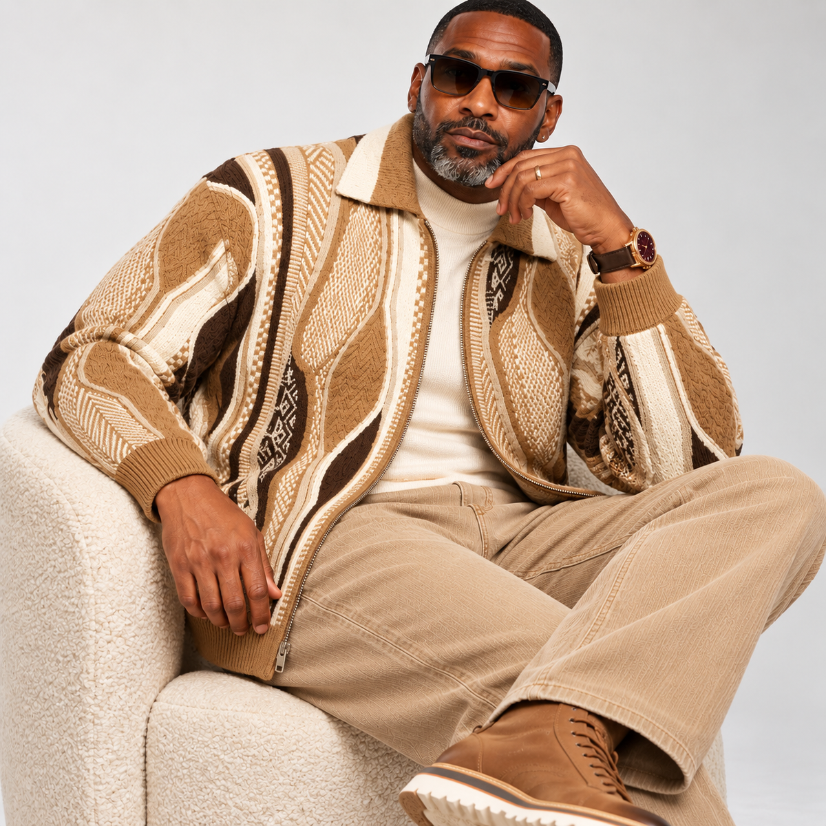 Silversilk Wool-Blend Full-Zip Sweater: Tan