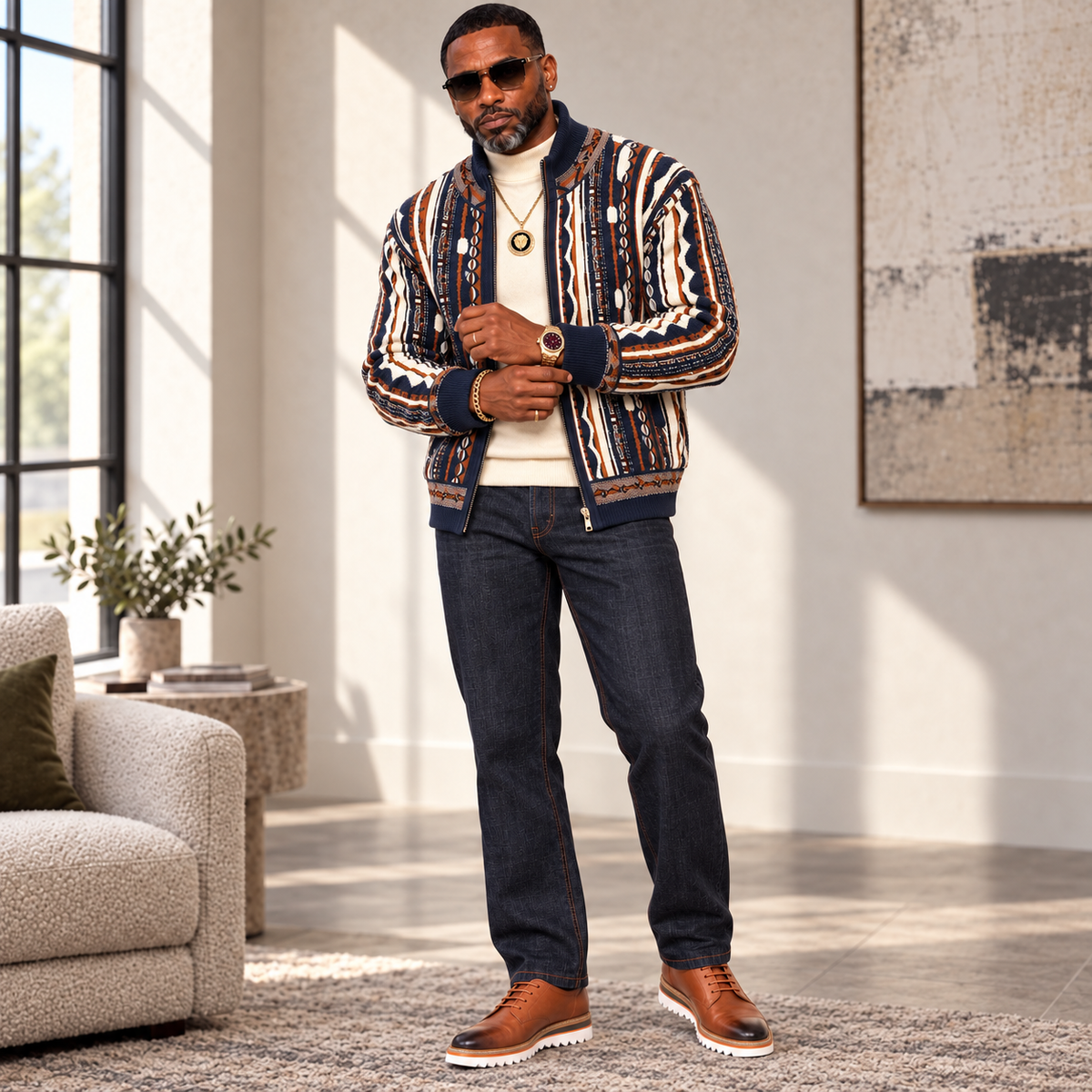 Silversilk Men’s Bomber Sweater Jacket: Blue Cream Cognac
