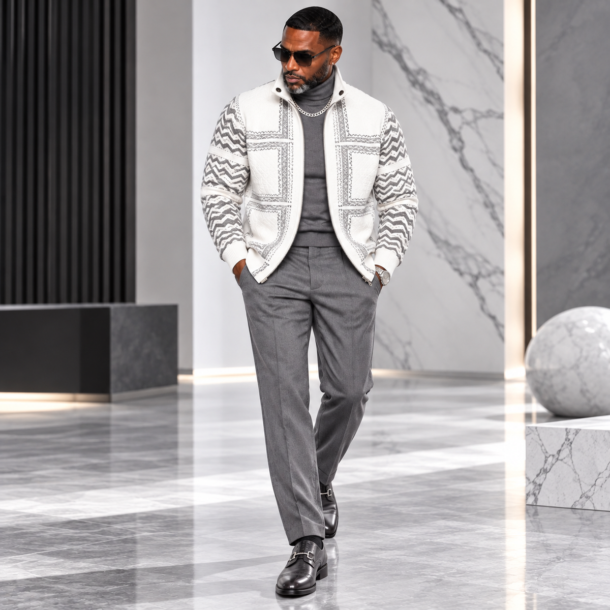 Silversilk Men’s Patchwork Sweater: 31006 Winter White