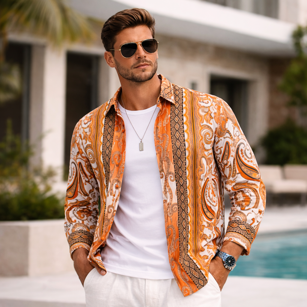 Prestige Men’s Multicolor Luxury Cotton Long Sleeve Button-Up Shirt – Rust 401