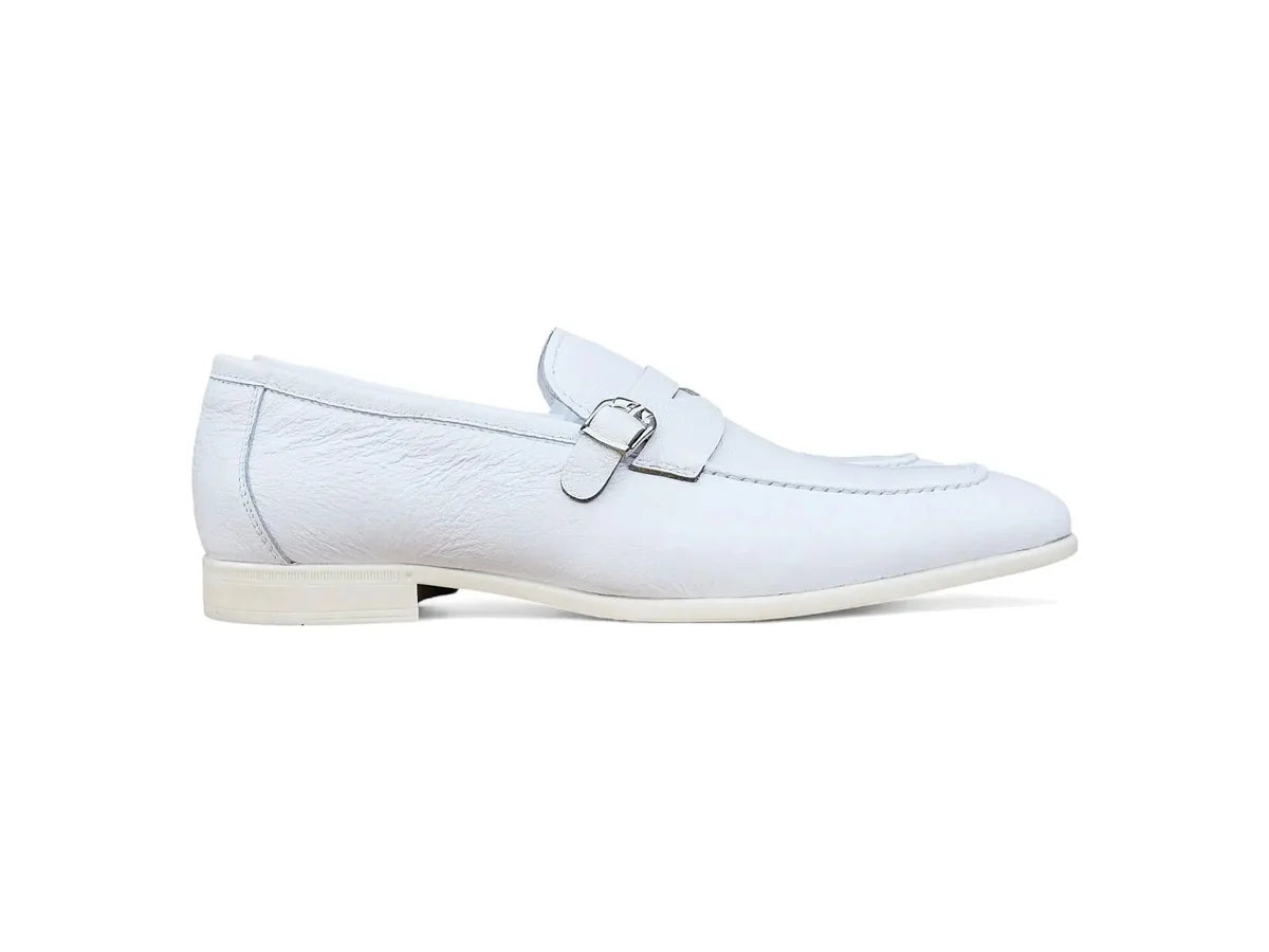 Carrucci Grant Buckle Loafer Premium Pebbled Leather Dress Shoe – White