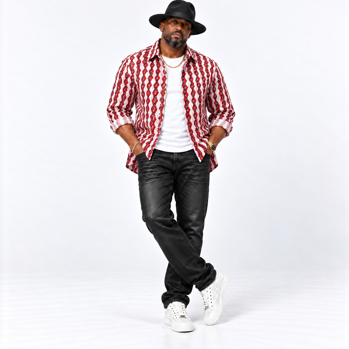 Men’s Lightweight Stretch Button Up Shirt: Red/White/Black