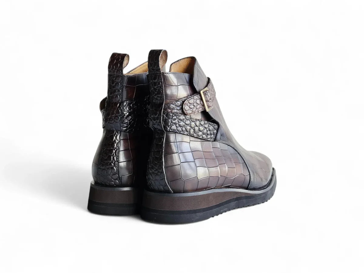 Carrucci Vesper Croco Embossed Cross Strap Buckle Boot – Brown